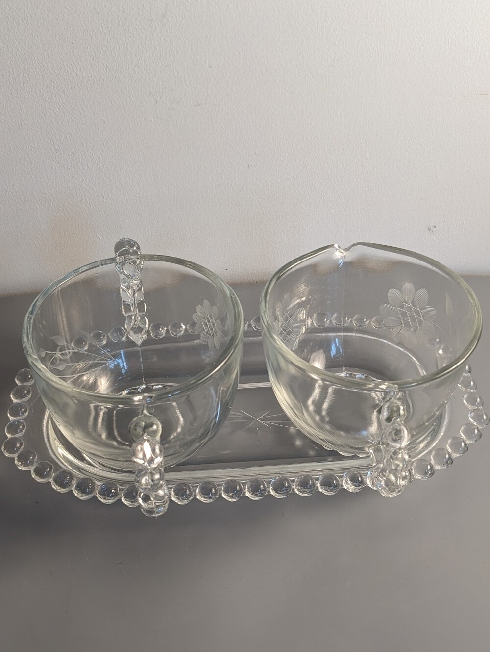 Mid Century Etched Glass Creamer And Sugar Set With Beaded Handles And Tray Tea
